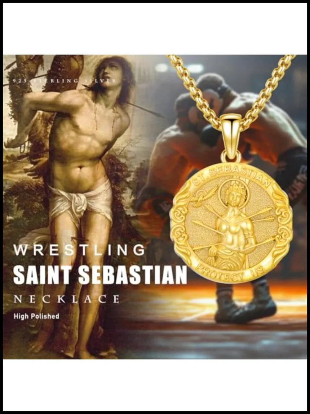 St Sebastian Pendant Necklace 925 Sterling Silver Gold Plated Men Women